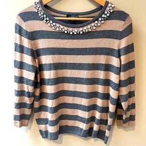 The Limited Gray and Tan Striped Sweater with Embellished Neckline